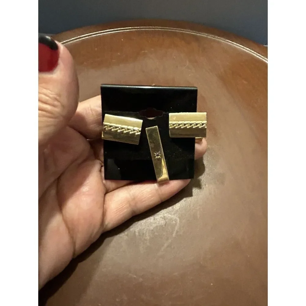 Vintage MCM Goldtone Square Cufflinks & Tie Clip Mid Century‎ Modern Mens